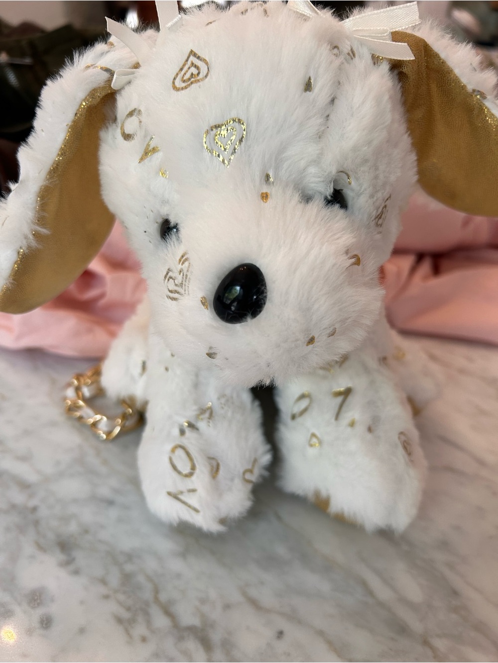 Gold & White Plush Kids Puppy/Dog Bag/purse with metal and satin chain strap